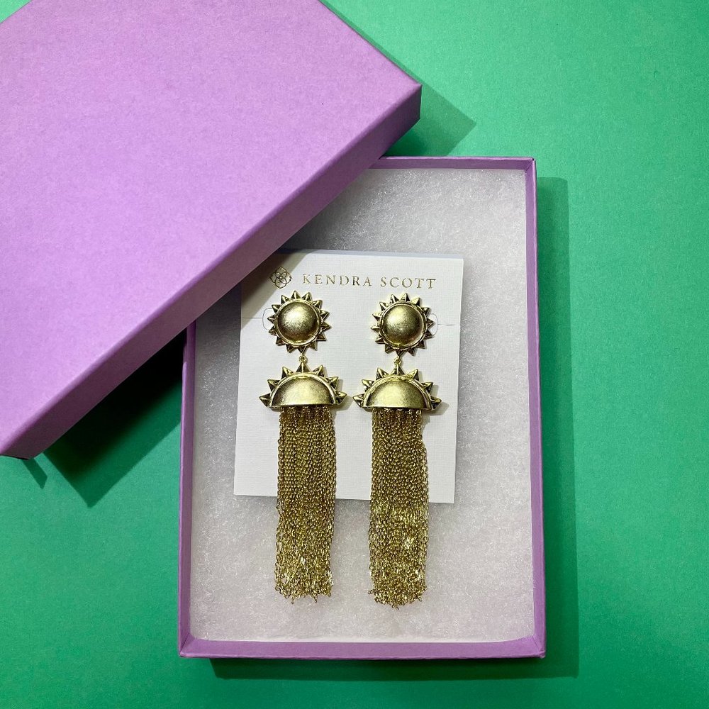 NWT Kendra Scott 14K Gold Plated Sun Earrings with Chain Tassles - Picture 9 of 14